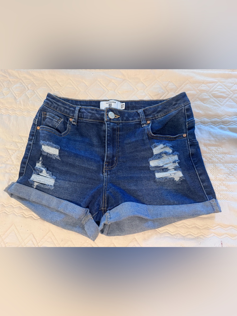 refuge Dark Blue Distressed Rolled-Hem Denim Shorts